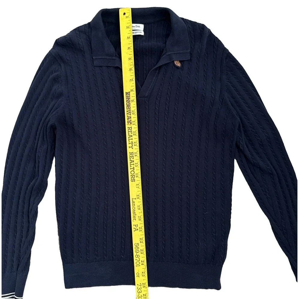 Massimo Dutti Extrafine Cotton Polo Sweater  Mens Sz L Navy Cable Knit Slim Fit